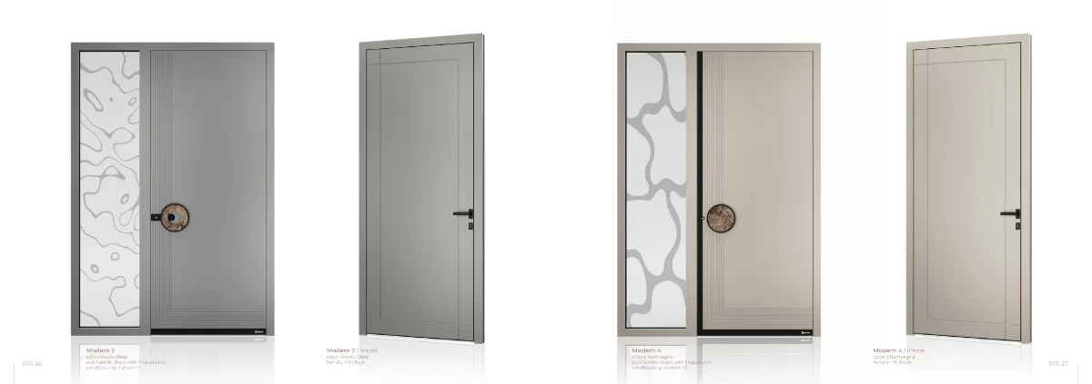 Modern 2 & 4 Doors – Anodic Steel & Champagne | Black Frappuccino Handles | Pattern 71 & 72 Glass GR-DR-IDR-1434