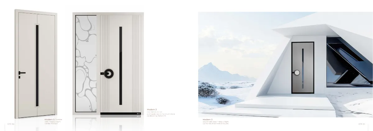 Modern 3 Door – Metallic Cream & Anodic Steel Finish | Designer Black Handles | Pattern 73 Glass GR-DR-EDR-1436