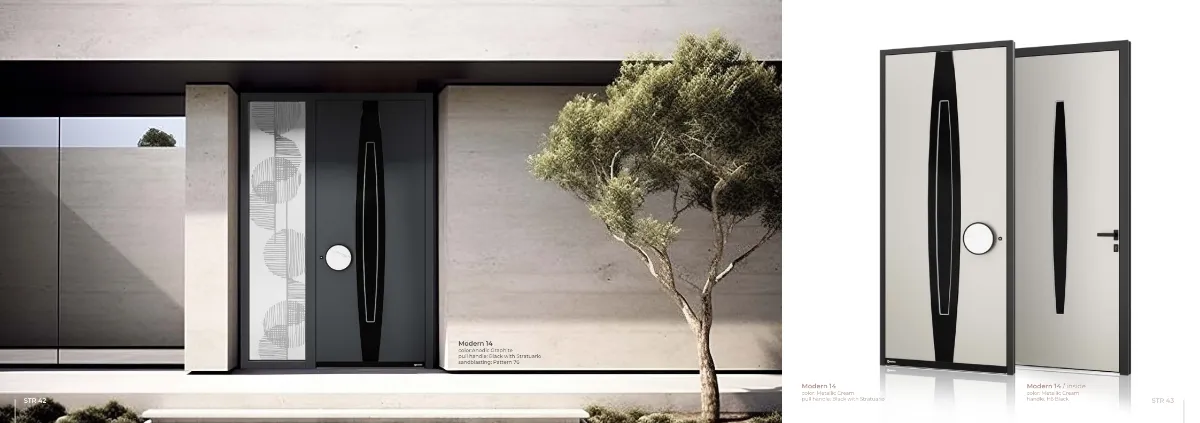 Modern 14 Door – Anodic Graphite & Metallic Cream | Black Stratuario Handle | Pattern 76 Glass GR-DR-EDR-1438