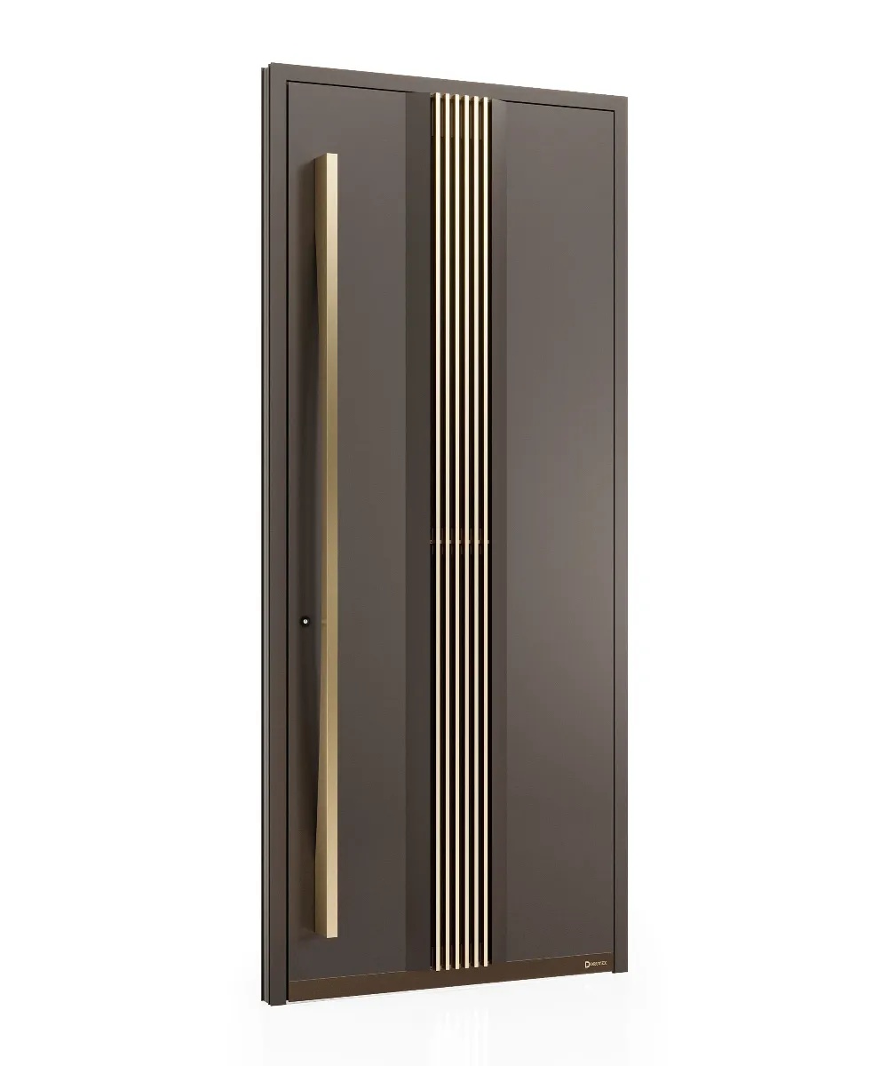 Modern Entrance Door | Metallic Iron Finish with Anodic Bronze Lamél Design & Black Accessories GR-DR-ALD-1526