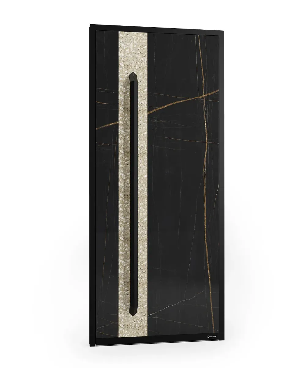 Luxury Modern Entrance Door | Sahara Noir Quartz Finish with Metallic Black & Gravity Mosaic Design GR-DR-ALD-1529