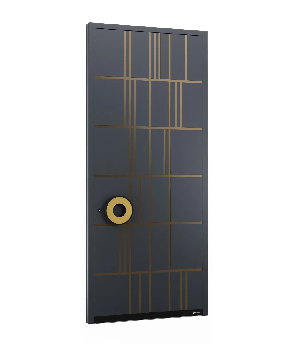 Modern Luxury Entrance Door | Metallic Grey Finish with Anodic Bronze Decorative Accent & Black Hardware GR-DR-ALD-1530