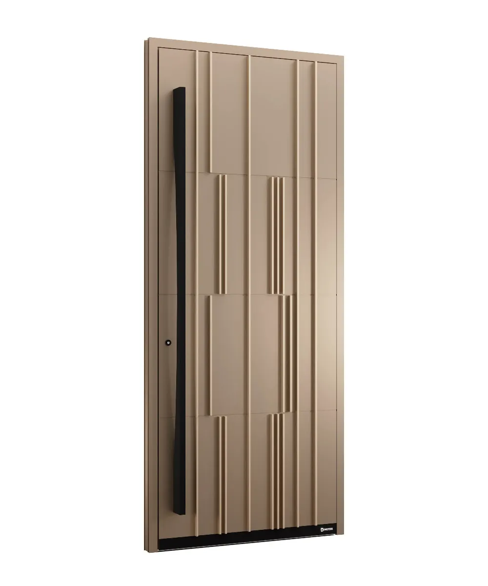 Modern Entrance Door | Anodic Olive Finish with Champagne Lamel Design & Black Hardware GR-DR-ALD-1531