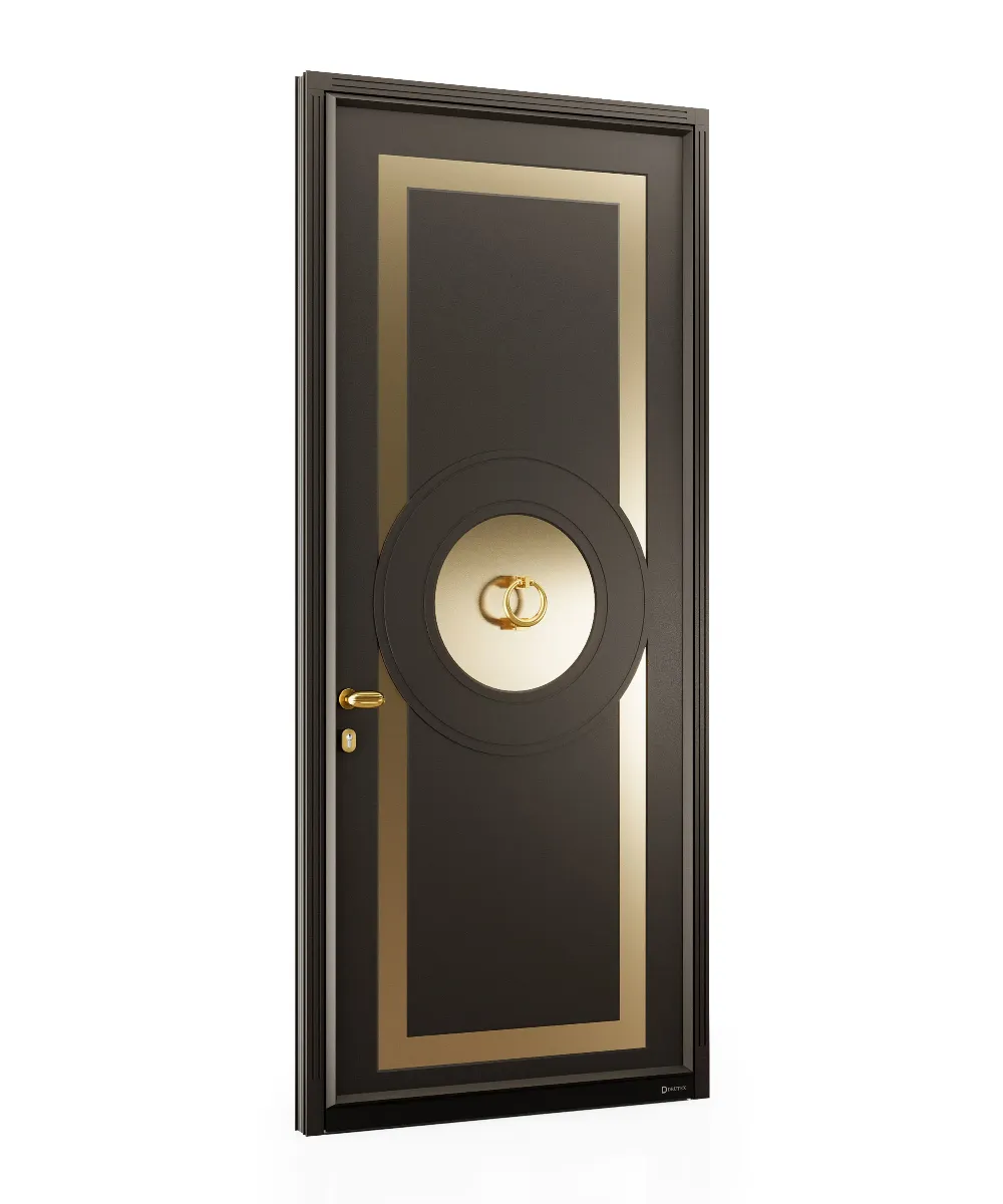 Luxury Classic Entrance Door | Anodic Umber Finish with Gold Handle & Bronze Decorative Accents GR-DR-ALD-1533