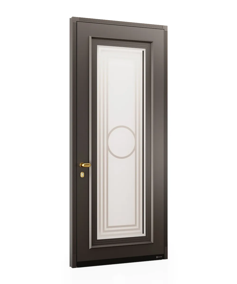Modern Classic Entrance Door | Anodic Marrone Finish with Gold Handle & Sandblasted Glass Design GR-DR-ALD-1534
