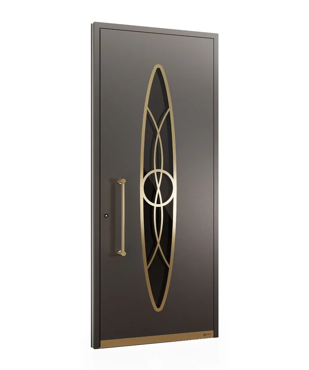 Modern Luxury Entrance Door | Metallic Iron Finish with Gold Ginkgo Handle & Bronze Accent Design GR-DR-ALD-1537
