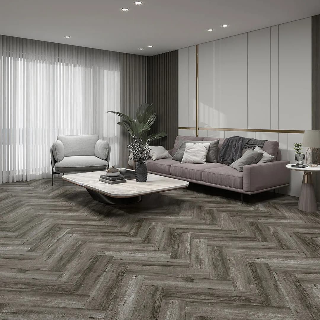 Midnight Grey SPC Herringbone Flooring 625x125x6mm | Bold Waterproof Parquet Wood Effect Planks GR-FLS-CRP-1246